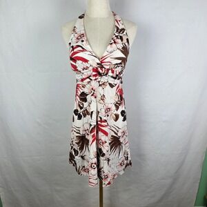 Speechless Womens Tropical Floral Halter Dress Brown Red White Size 3